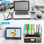 Desk File Organizer with Drawer Anyyuk Office Supplies Organizer with Double Tray and 5 Upright File Folder Holders Sections Desktop Organizer for Workspace Home Office School, Black - Image 2